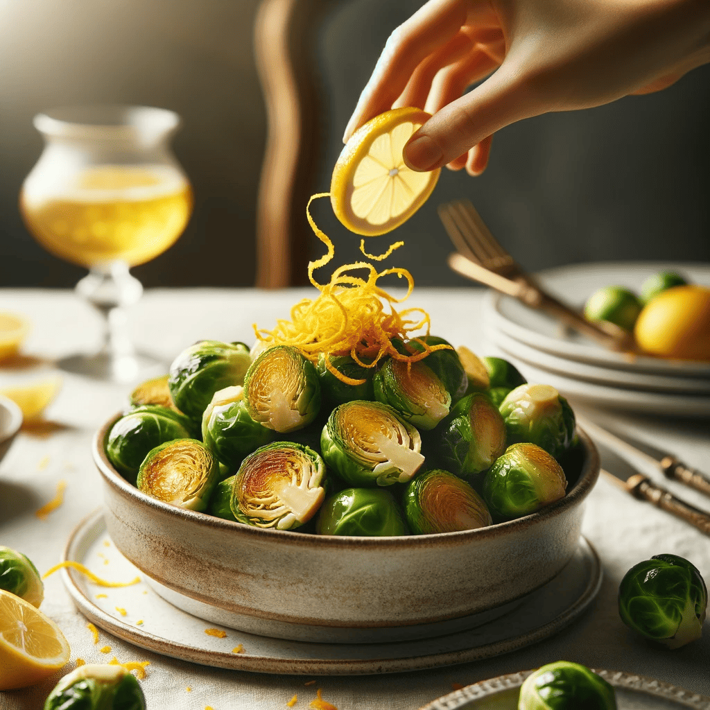 Cooked Brussels sprouts in an elegant serving dish, being garnished with fresh lemon zest on a dining table.