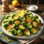 A finished dish of Golden Garlic Parm Brussels Sprouts, featuring crispy, golden brown Brussels sprouts coated with melted Parmesan cheese and garnished with lemon zest, presented on a white plate set on a rustic wooden table.
