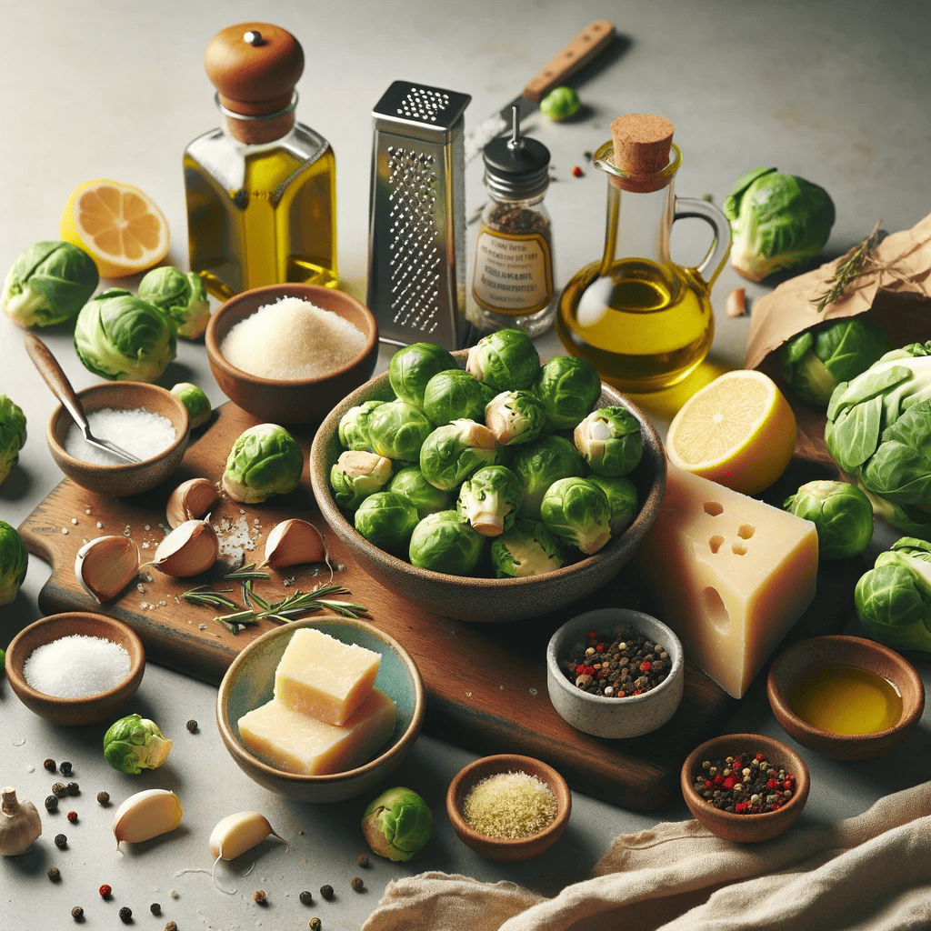 Ingredients for Golden Garlic Parm Brussels Sprouts recipe, including Brussels sprouts, olive oil, minced garlic, Parmesan cheese, salt, black pepper, red pepper flakes, and a lemon, arranged on a wooden cutting board in a modern kitchen setting.