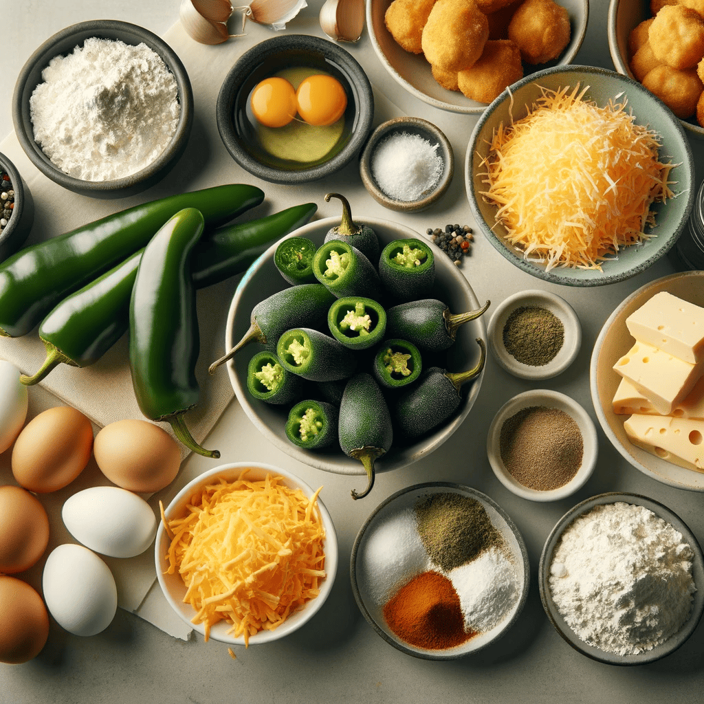 This image displays all the ingredients needed for the recipe, neatly organized on a kitchen counter. The fresh jalapeños take center stage, surrounded by bowls of cream cheese, shredded cheddar, and other seasonings, creating a visually appealing setup for cooking.
