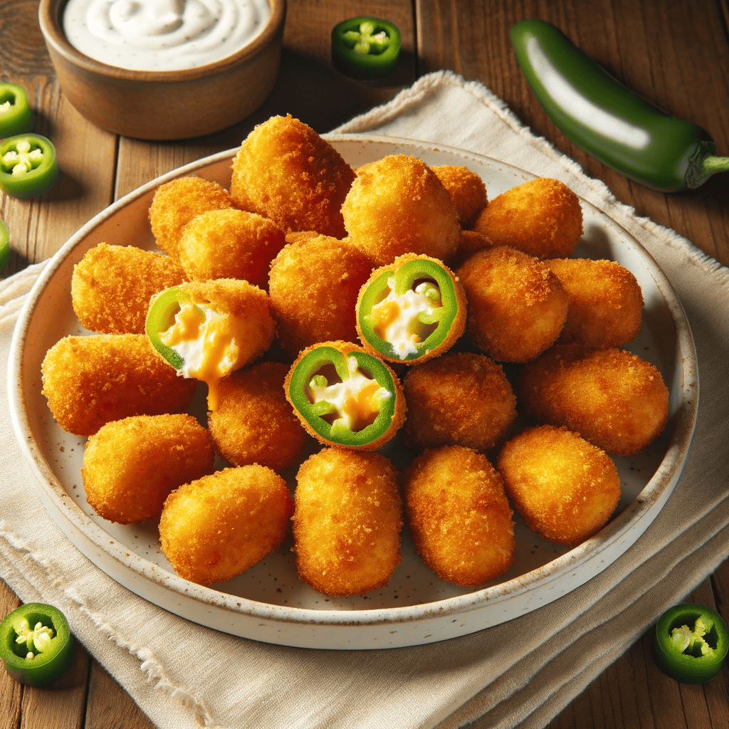 This image shows the completed Air Fryer Jalapeño Cheese Bites Explosion, presented neatly on a white plate. The golden brown, crispy jalapeño poppers are appetizingly arranged, some cut in half to reveal the creamy cheese filling.