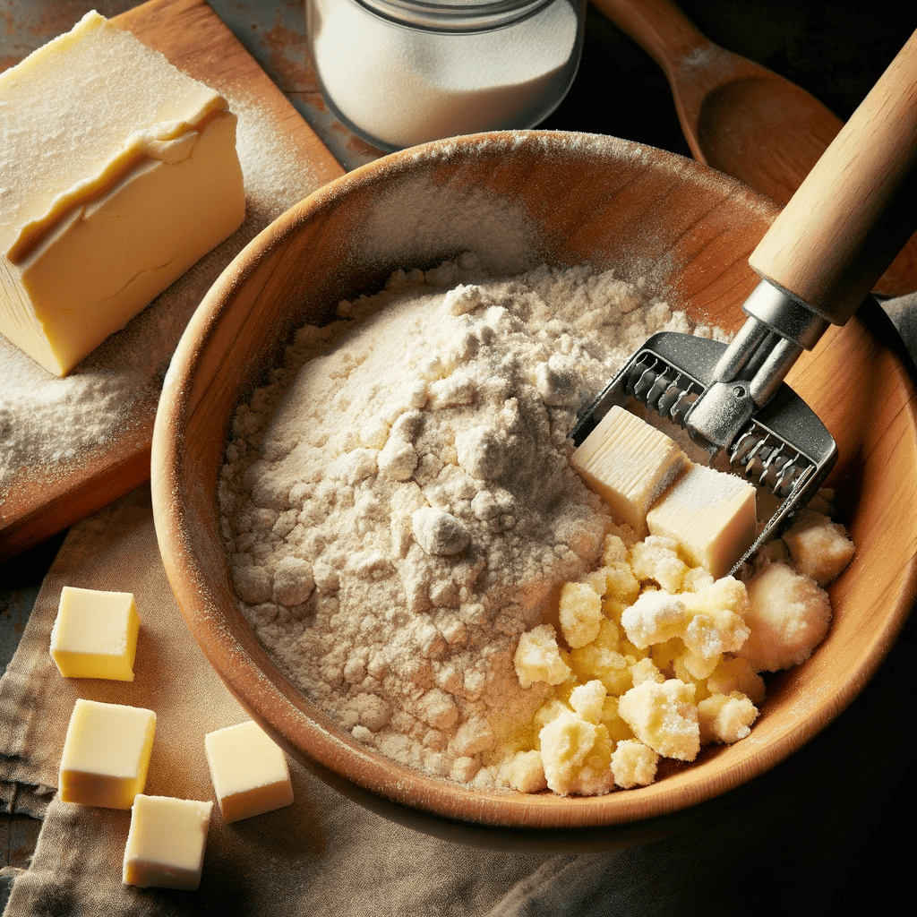 A bowl with flour, sugar, salt, and cubed butter being mixed with a pastry cutter to form a crumbly crust mixture.