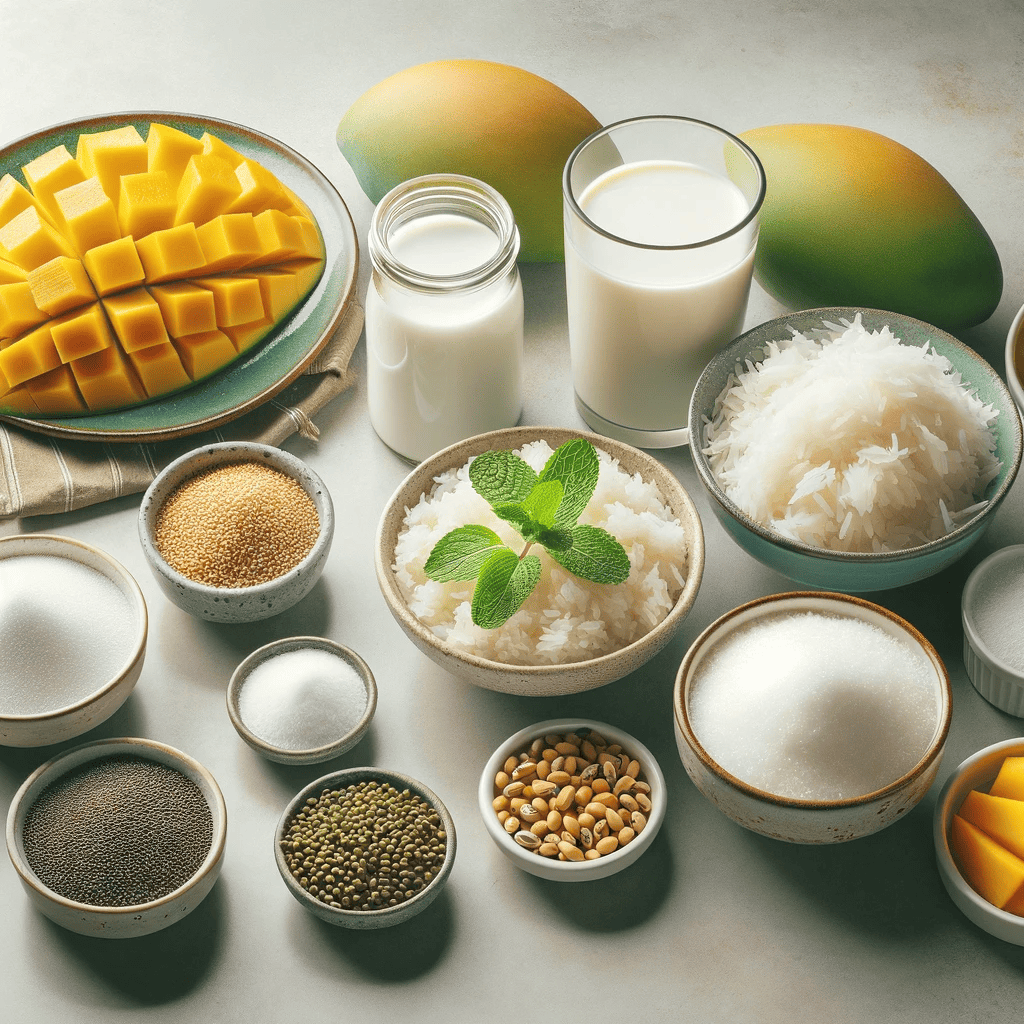 This image showcases all the ingredients required for Mango Sticky Rice Paradise, neatly arranged on a kitchen counter. It includes Thai sticky rice, ripe mango slices, coconut milk, sugar, salt, sesame seeds, mung beans, and fresh mint leaves, with each item clearly labeled against a modern kitchen backdrop.