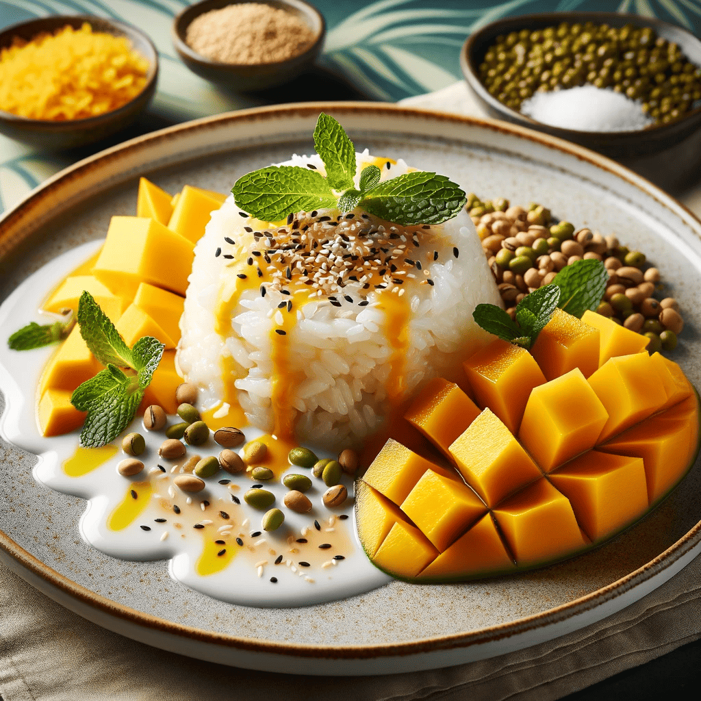 The image displays the beautifully presented Mango Sticky Rice Paradise. The sticky rice is garnished with sesame seeds, mung beans, and fresh mint leaves, drizzled with creamy coconut milk, and accompanied by vibrant mango slices. The dish is set against a tropical-themed background, enhancing its exotic appeal.