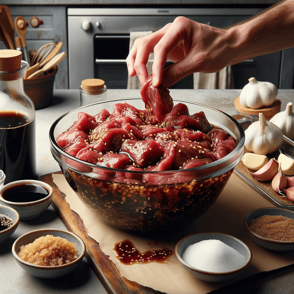 This image shows the marination step, with a mixing bowl filled with a rich, flavorful marinade made of soy sauce, brown sugar, minced garlic, and grated ginger. Thinly sliced beef is being added and thoroughly coated with the marinade, set in a kitchen environment.
