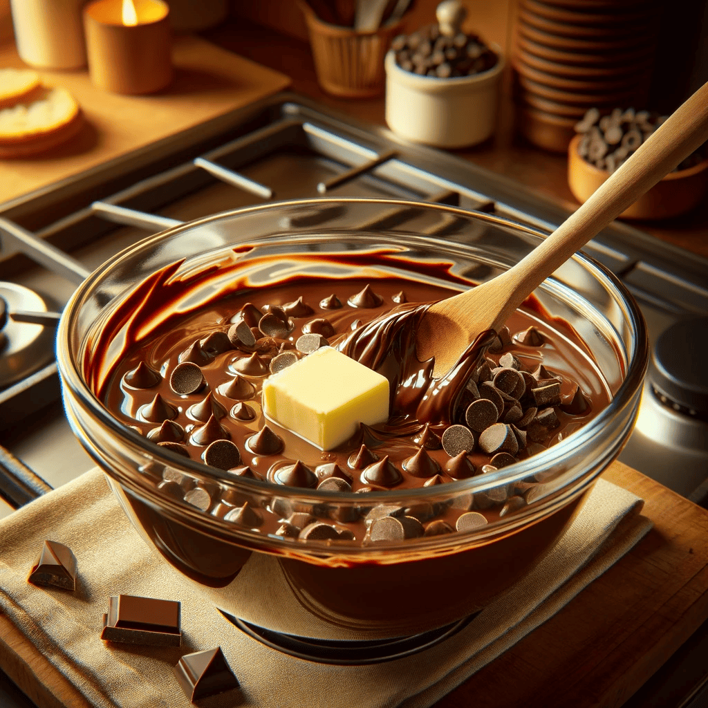 A bowl with chocolate chips and butter melting together using a double boiler on a stove, stirred with a wooden spoon in a warm kitchen setting.