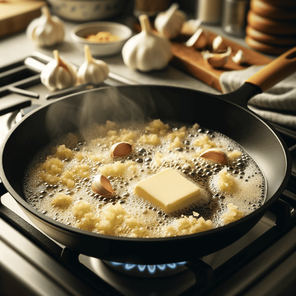 A skillet on a stove with melted butter and minced garlic being sautéed, indicating the first step in making Chicken Alfredo Pasta.