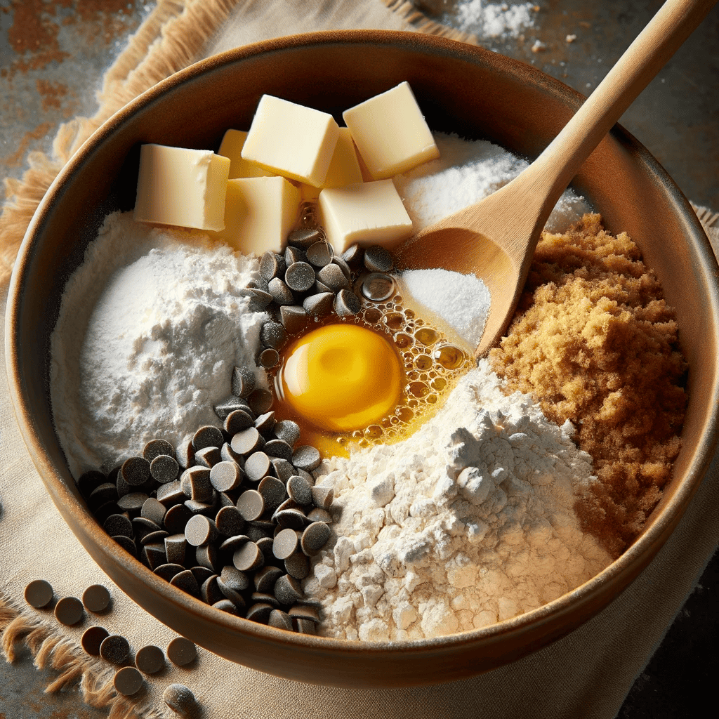 Here is the image depicting the process of mixing ingredients for baking in a large bowl, including flour, baking soda, salt, melted butter, brown sugar, granulated sugar, an egg, vanilla extract, and chocolate chips.