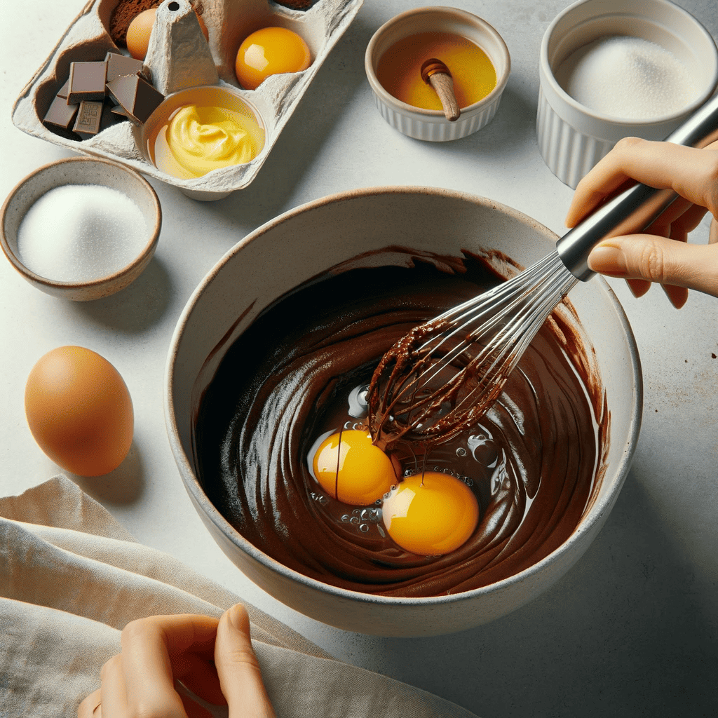 A bowl containing eggs, egg yolks, and sugar being whisked together, with the melted chocolate-butter mixture and vanilla extract being added, in a bright modern kitchen.