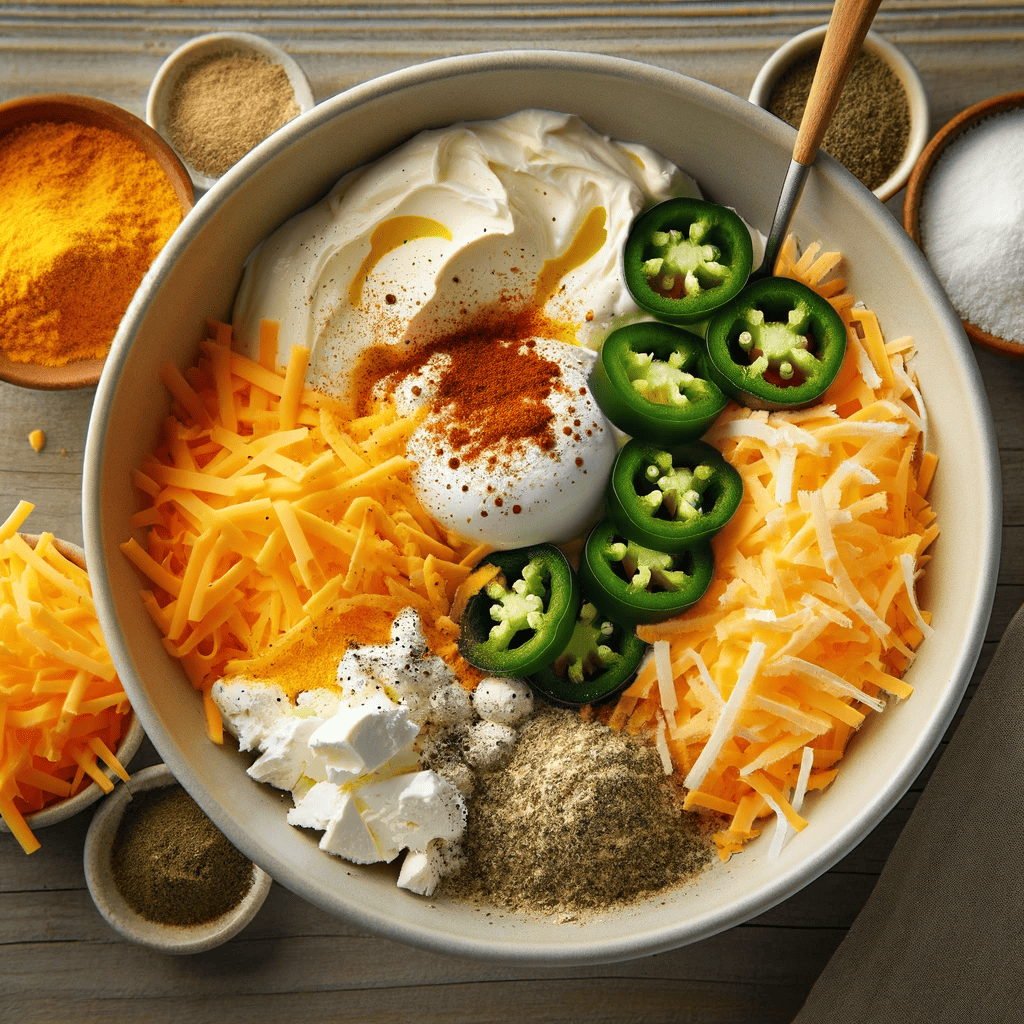 Depicted here is the process of mixing the filling in a bowl, with a blend of cream cheese, shredded cheddar, and spices. A spoon stirs the mixture, integrating all ingredients.