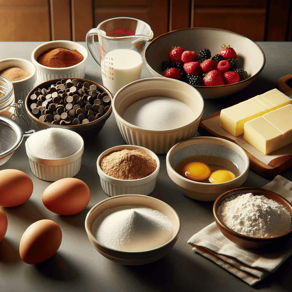 This image displays all the ingredients required for the cake, neatly arranged on a kitchen countertop. You can see semi-sweet chocolate chips, unsalted butter, eggs, granulated sugar, all-purpose flour, vanilla extract, a pinch of salt, and cocoa powder. Each ingredient is placed in small bowls and measuring cups, clearly showing their quantities and ready for use in the recipe.