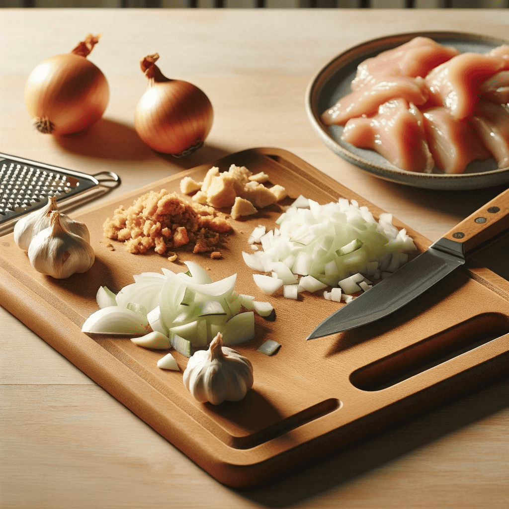 The image illustrates the initial phase of cooking, featuring a cutting board with chopped onions, minced garlic, and grated ginger. Next to it, there are bite-sized pieces of chicken neatly placed on a plate. The kitchen setting is displayed with essential tools like a knife and grater, emphasizing the organized and clean environment for cooking.