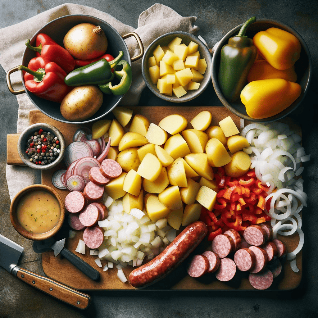 Ingredients for Rustic Sausage-Potato Skillet Feast neatly prepared on a kitchen countertop