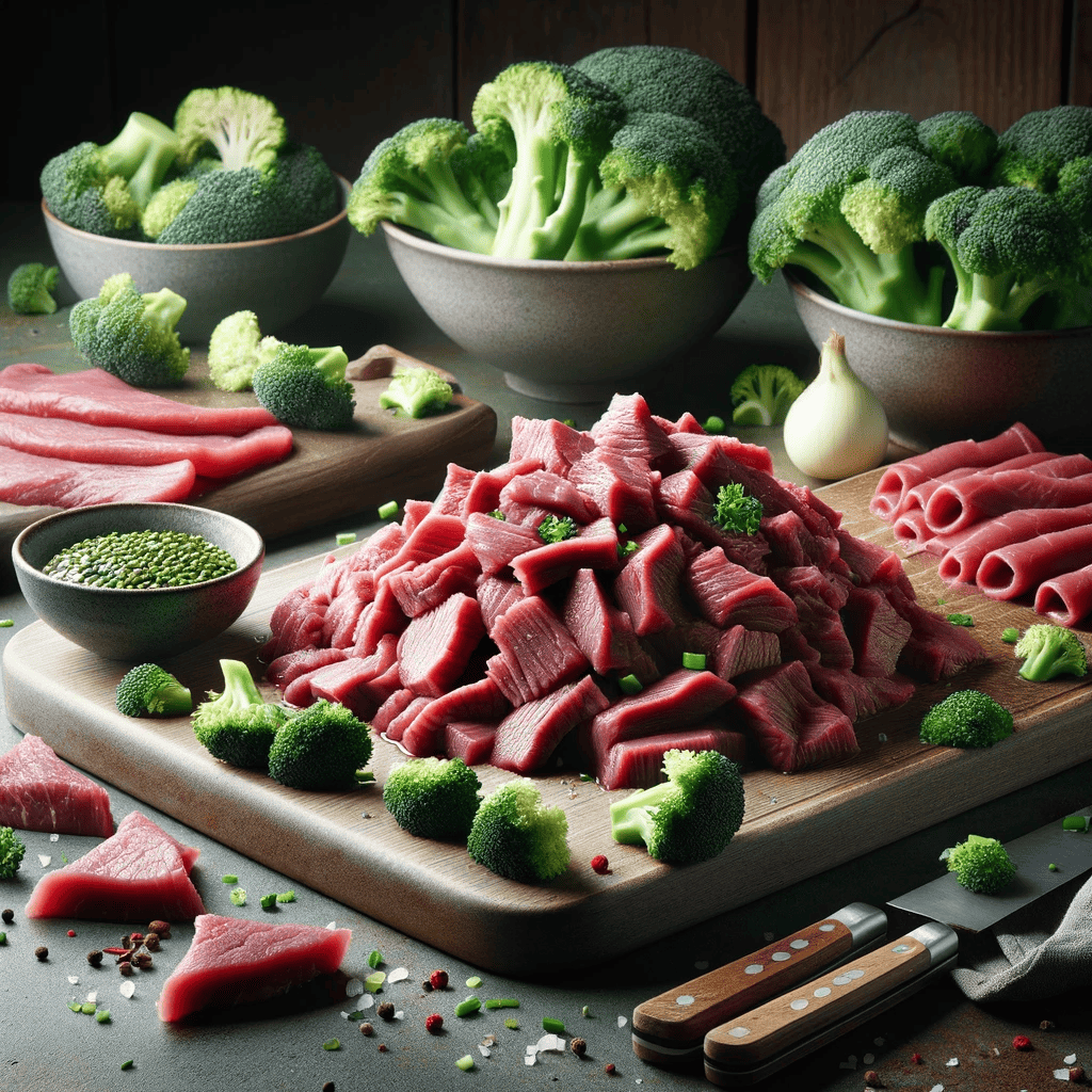 The image depicts the initial preparation of beef and broccoli for the "Sizzling Beef & Broccoli Delight" recipe. It shows raw beef sliced into thin strips and broccoli cut into florets, both laid out on a cutting board in a well-equipped kitchen, highlighting the recipe's first step.