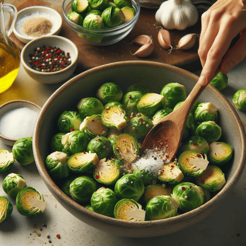 A large bowl filled with halved Brussels sprouts being tossed with olive oil, minced garlic, salt, black pepper, and red pepper flakes, mixed with a wooden spoon on a kitchen counter.