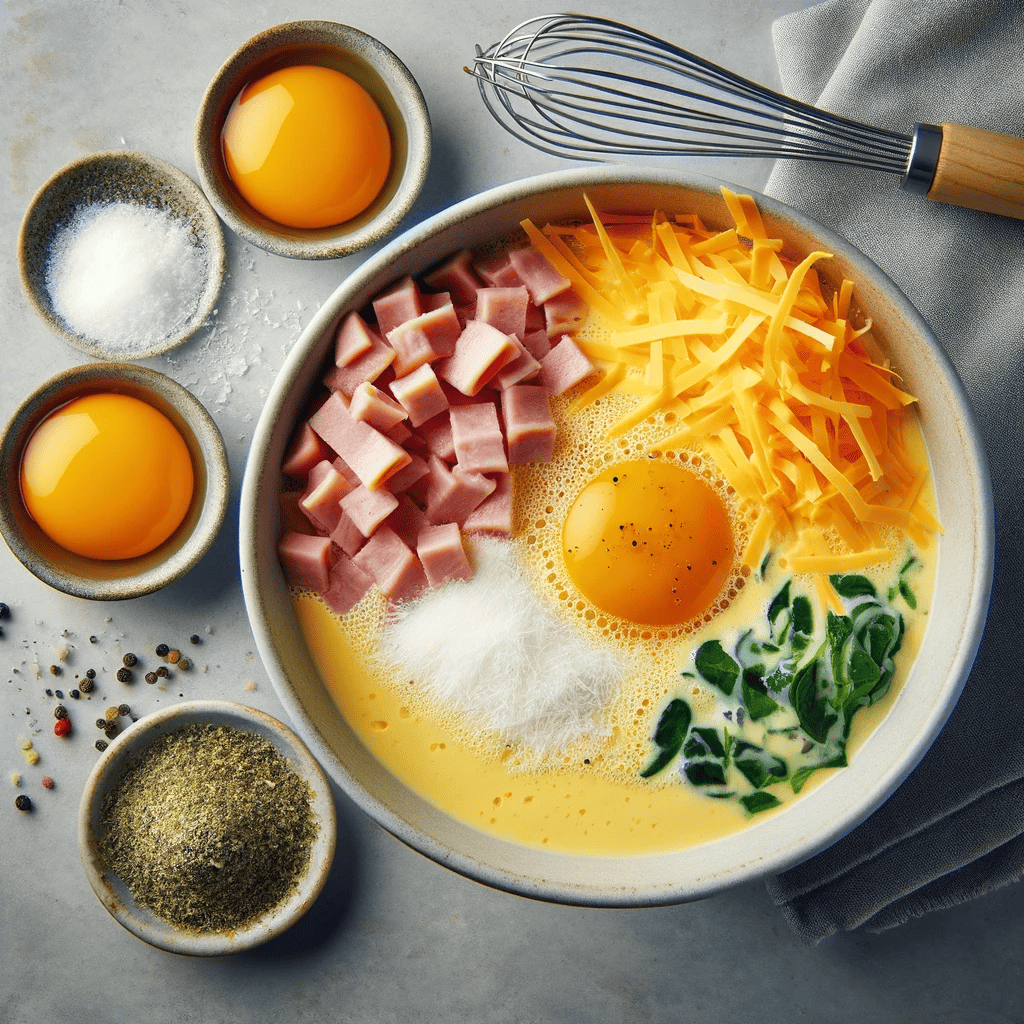 The image shows the preparation of the egg mixture, with whisked eggs mixed with milk, seasoned with salt and pepper, and combined with shredded cheddar cheese and diced ham in a bowl.