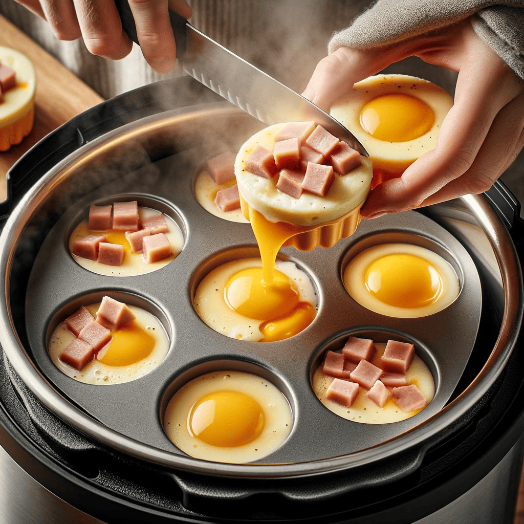 The image displays the Instant Pot setup, with water and the trivet inside, and the silicone egg bite molds filled with the egg mixture, some covered with aluminum foil.
