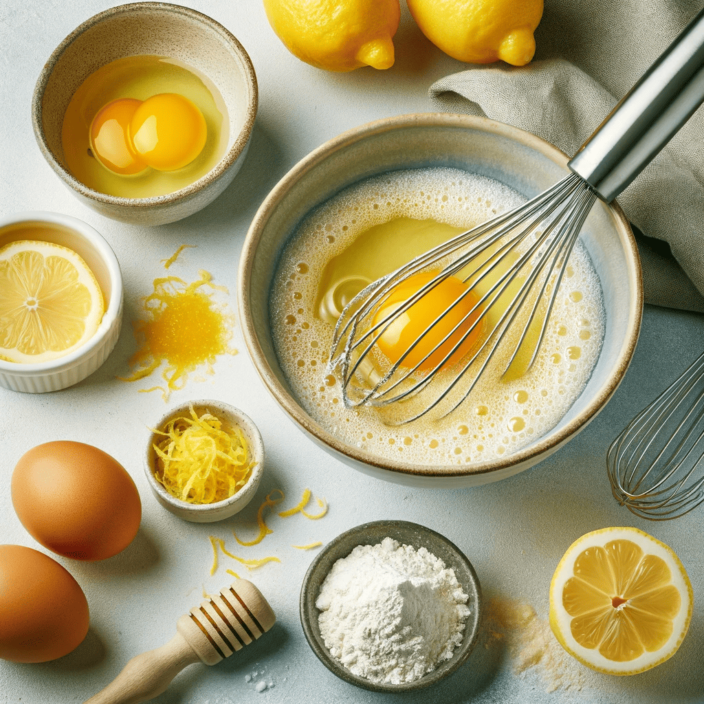 A whisk mixing eggs and sugar in a bowl, with flour, fresh lemon juice, and lemon zest nearby, ready to be added to the lemon filling.