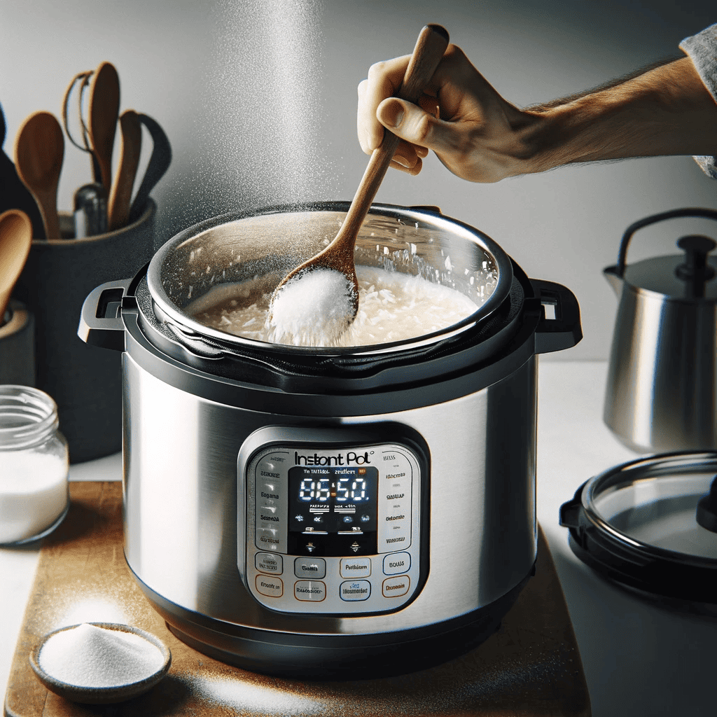This image shows a person stirring a mixture of coconut milk, sugar, and salt in an Instant Pot set to 'Sauté' mode on a kitchen counter.