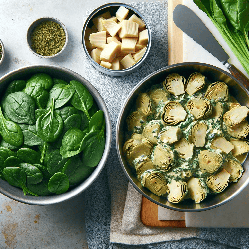 Shows chopped frozen spinach and artichoke hearts in separate bowls, ready for use. (Alt text: Thawed and drained chopped frozen spinach and artichoke hearts in separate bowls on a kitchen counter.)