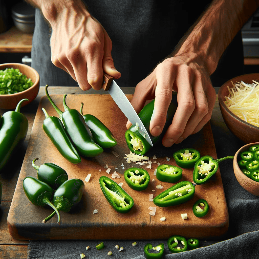 This image shows the initial step of slicing fresh jalapeños in half and removing the seeds and membranes, with a person's hands carefully working on a wooden cutting board.