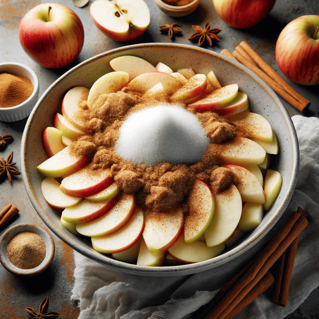 A large bowl filled with sliced apples, granulated sugar, cinnamon, and nutmeg being tossed together, set on a kitchen counter with a rustic backdrop.