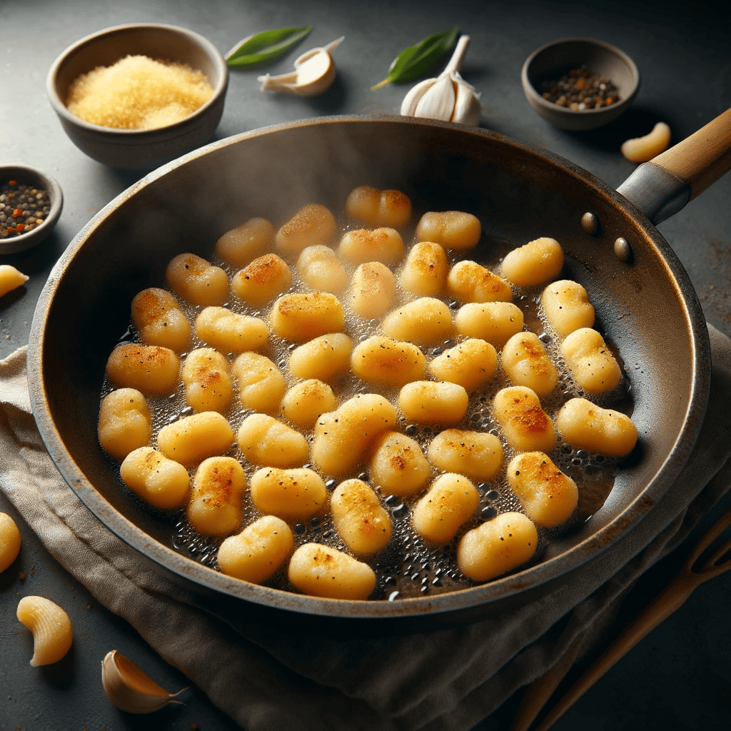 Gnocchi being sautéed in a skillet until golden and crispy, demonstrating the initial step of cooking the gnocchi separately before combining with other ingredients.