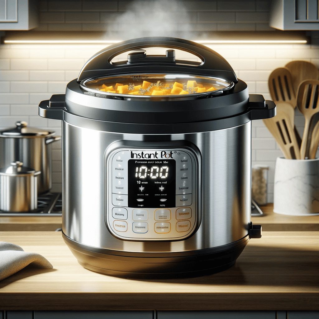 This scene shows the Instant Pot with its lid securely closed, indicating the start of the pressure cooking process. The display panel of the Instant Pot is lit, showing a timer set for 10 minutes. The focus is on the Instant Pot as it cooks the soup, set against the backdrop of a contemporary, well-lit kitchen.