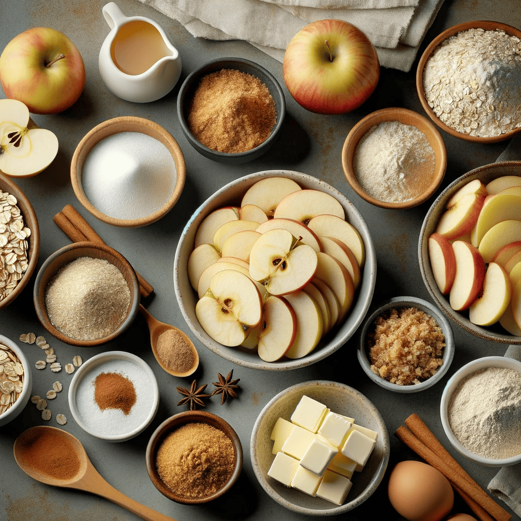 The image displays all the ingredients needed for the apple crisp recipe, neatly arranged on a kitchen counter. It includes sliced apples, granulated sugar, ground cinnamon, ground nutmeg, old-fashioned oats, all-purpose flour, light brown sugar, baking powder, and unsalted butter. Each ingredient is placed in separate bowls or containers, offering a clear and inviting visual of everything required to create the rustic apple crisp.