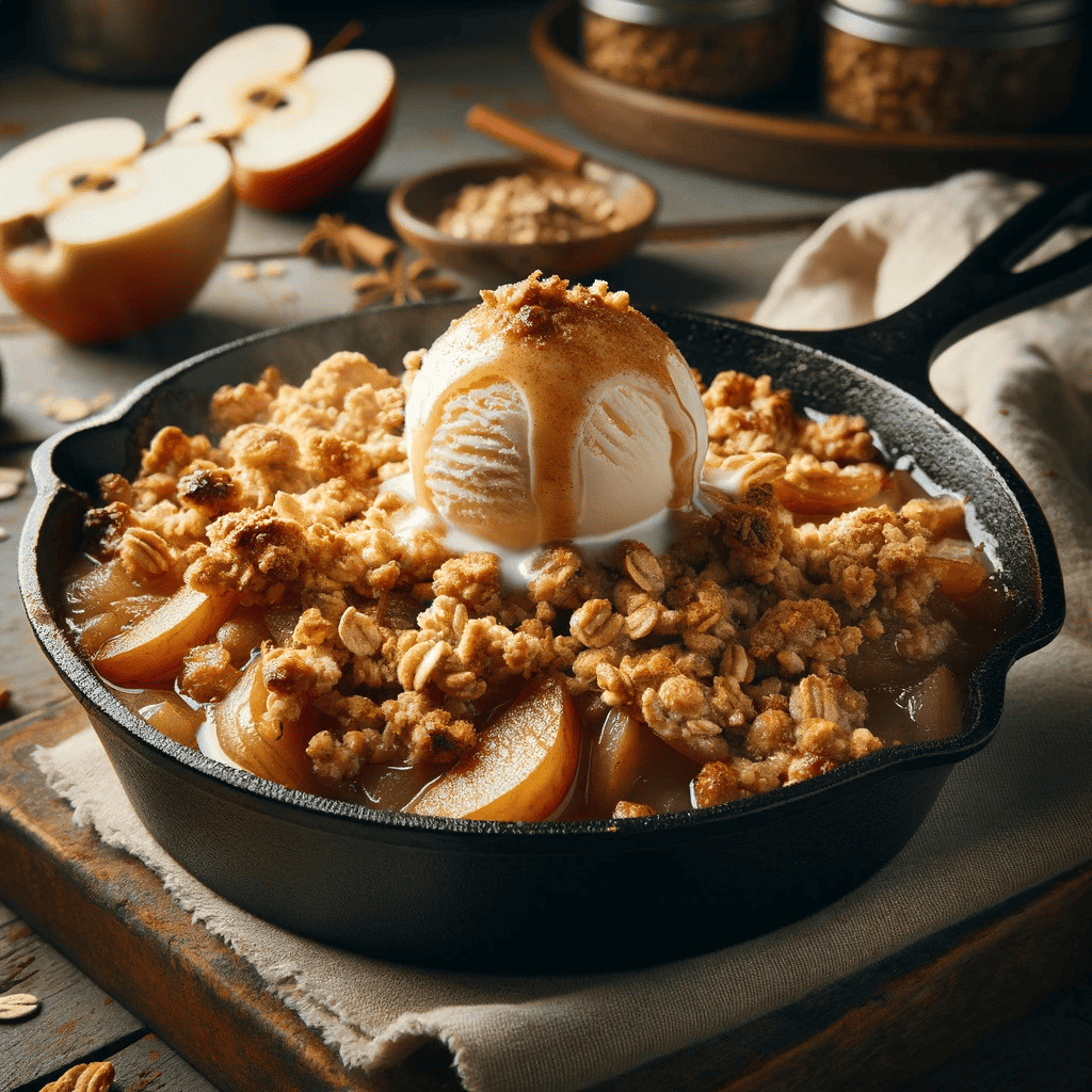 This image shows the completed Rustic Orchard Skillet Apple Crisp. The dessert, presented in a cast-iron skillet, features a golden-brown, crumbly oat topping over soft, cinnamon-spiced baked apples. A scoop of vanilla ice cream sits atop the crisp, melting slightly and adding to the warm, inviting appearance. The skillet rests on a wooden table, set against a cozy, homely kitchen backdrop.