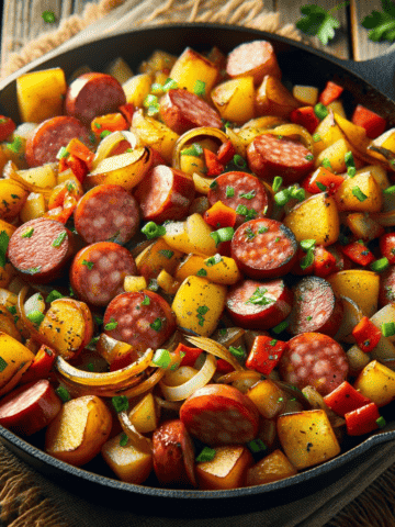 This image showcases the completed dish in a large skillet, brimming with golden-brown sliced smoked sausage, crispy diced potatoes, sautéed onions, and diced bell peppers, garnished with fresh parsley. The skillet is set on a rustic wooden table, enhancing the homely and appetizing appearance of the meal.