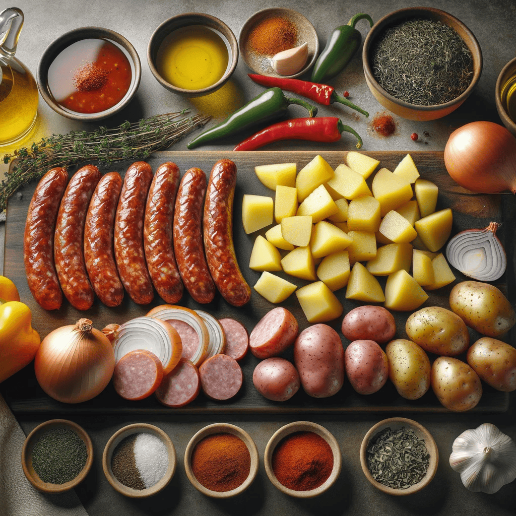 This image displays all the ingredients required for the recipe, neatly arranged on a kitchen countertop. It includes smoked sausage slices, diced potatoes, a chopped onion, a diced bell pepper, minced garlic, smoked paprika, dried thyme, olive oil, and chicken broth. The arrangement showcases the freshness and quality of each component, creating an inviting and organized pre-cooking scene.
