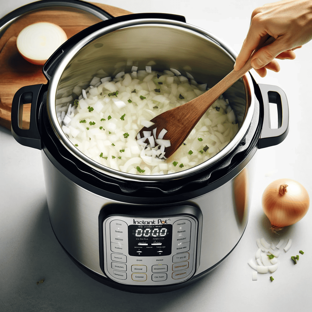 A modern Instant Pot with open lid, sautéing translucent and golden onions.