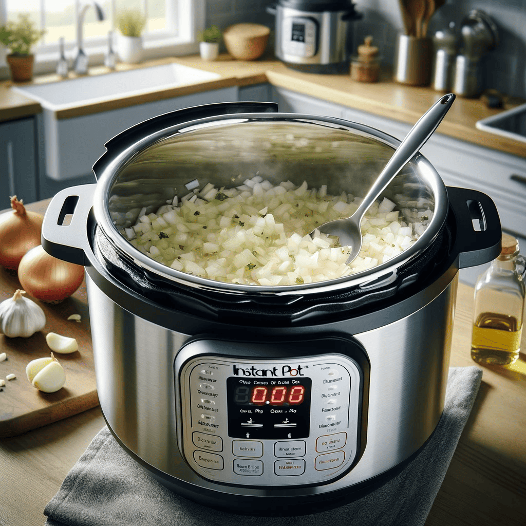 This image shows diced onions and minced garlic being sautéed in olive oil inside an Instant Pot. The onions are translucent and there's a spoon stirring the mixture. The setting is a modern, well-lit kitchen with a focus on the Instant Pot.
