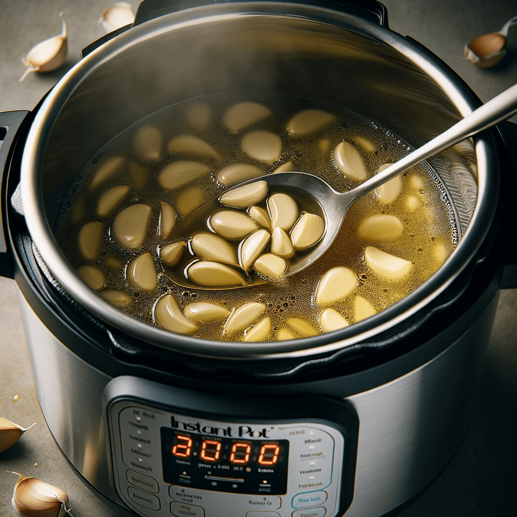 Garlic cloves being sautéed in olive oil inside an Instant Pot, illustrating the golden garlic in bubbling oil, with a spoon stirring, representing the sautéing process.