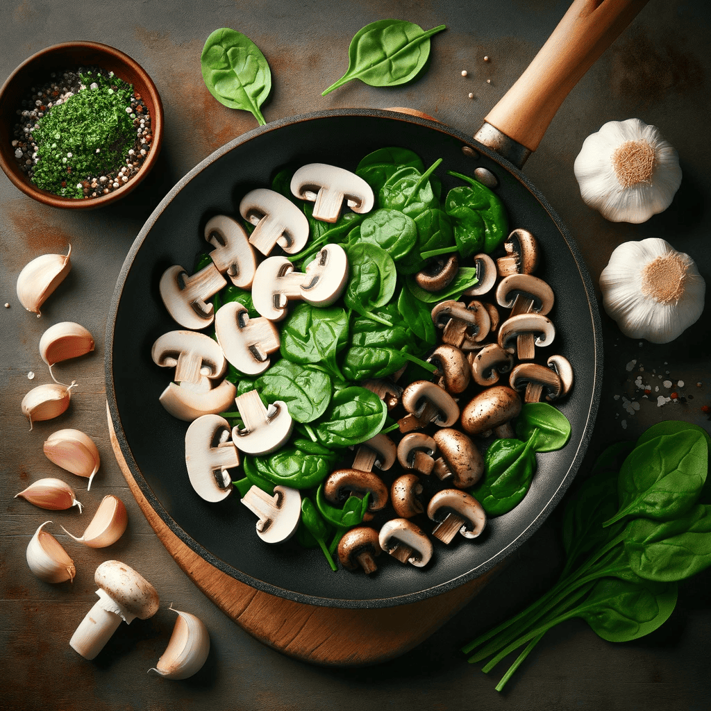 Garlic and mushrooms being sautéed in a skillet, followed by the addition of spinach until it wilts, representing the step of cooking the vegetables for the dish.