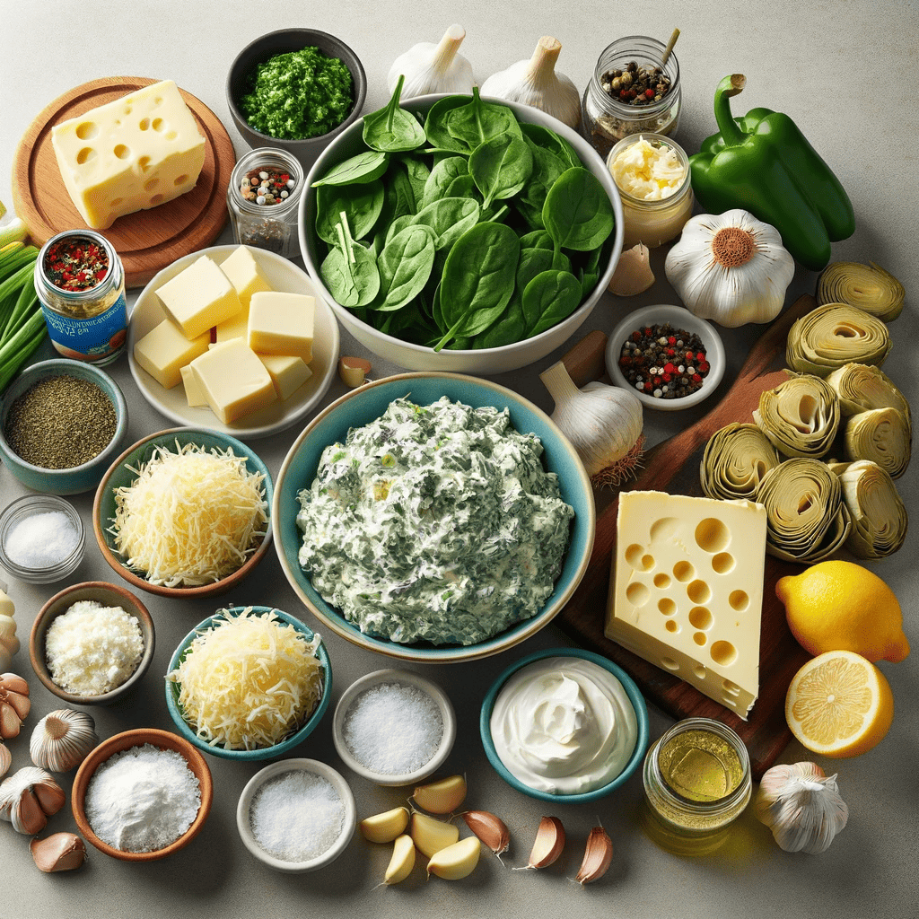 This image presents all the ingredients required for the recipe, neatly arranged on a kitchen countertop. It includes bowls of chopped spinach and artichoke hearts, blocks of cream cheese, sour cream, mayonnaise, grated Parmesan, shredded mozzarella, garlic cloves, seasonings, and a lemon. The setup is organized and visually appealing, perfect for illustrating the recipe's components.