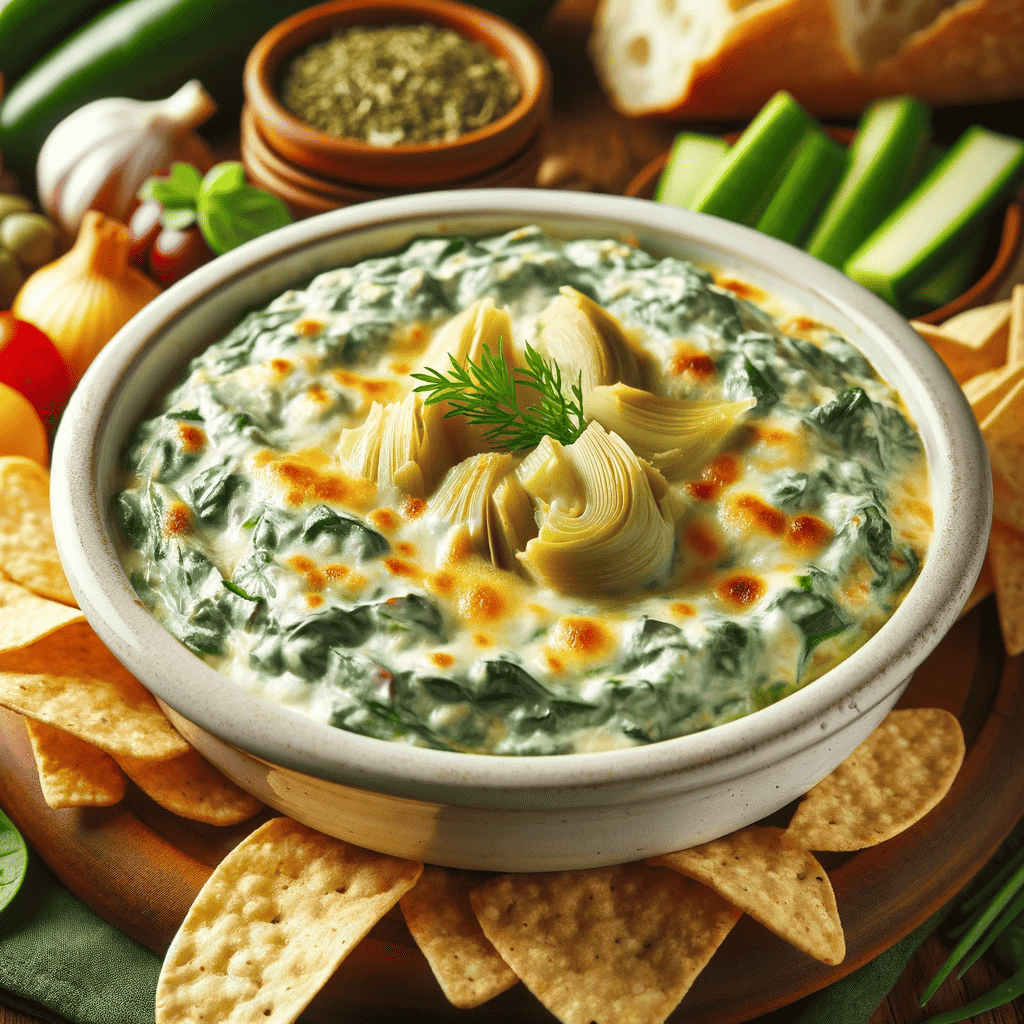 This image shows the completed "Savory Spinach Artichoke Heartwarmer Dip" in a white ceramic bowl. The dip looks creamy and rich, with visible chunks of spinach and artichoke, garnished with herbs. Surrounding the bowl are tortilla chips, slices of baguette, and fresh vegetables, ready for dipping.