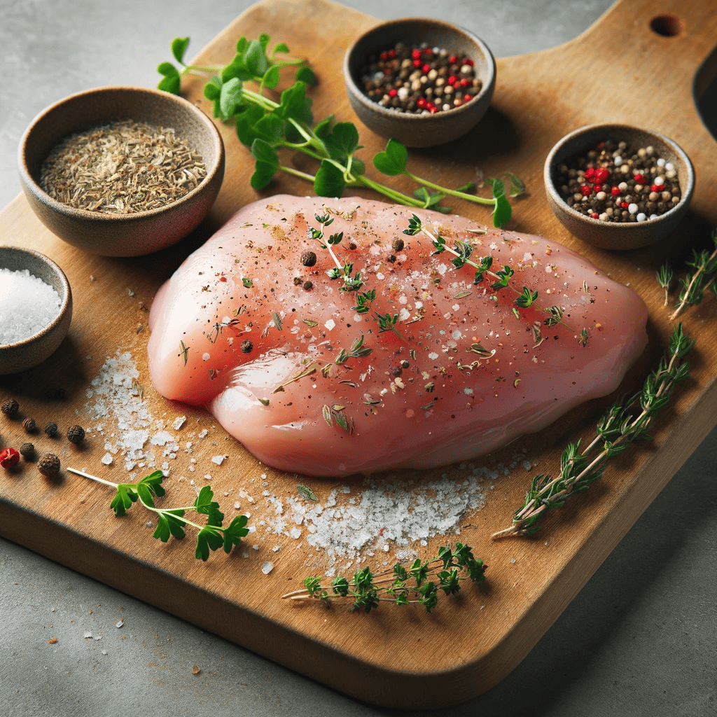 Raw chicken breast seasoned with salt, pepper, and herbs like thyme and rosemary on a cutting board, surrounded by small bowls of the seasonings, ready for cooking.