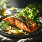 The presentation highlights the golden, crispy texture of the salmon, accentuated with fresh dill and lemon slices, all plated elegantly to showcase the dish's gourmet appeal.