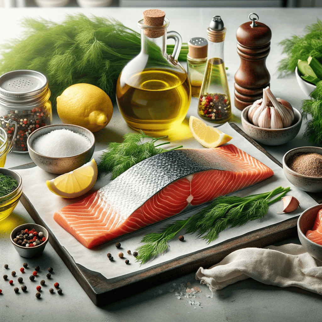 Here's the image of the ingredients laid out before cooking your Sensational Air Fryer Salmon recipe. The arrangement showcases each ingredient's freshness and quality, setting the perfect stage for the delicious meal to come.