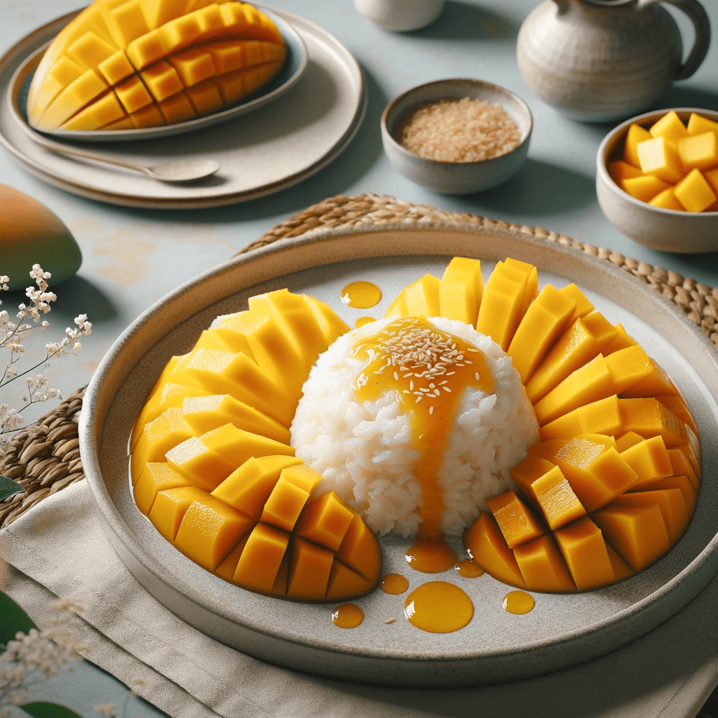 The final image depicts Mango Sticky Rice Paradise served on a dish with coconut-infused sticky rice and elegantly sliced mangoes, garnished with sesame seeds, on an inviting dining table