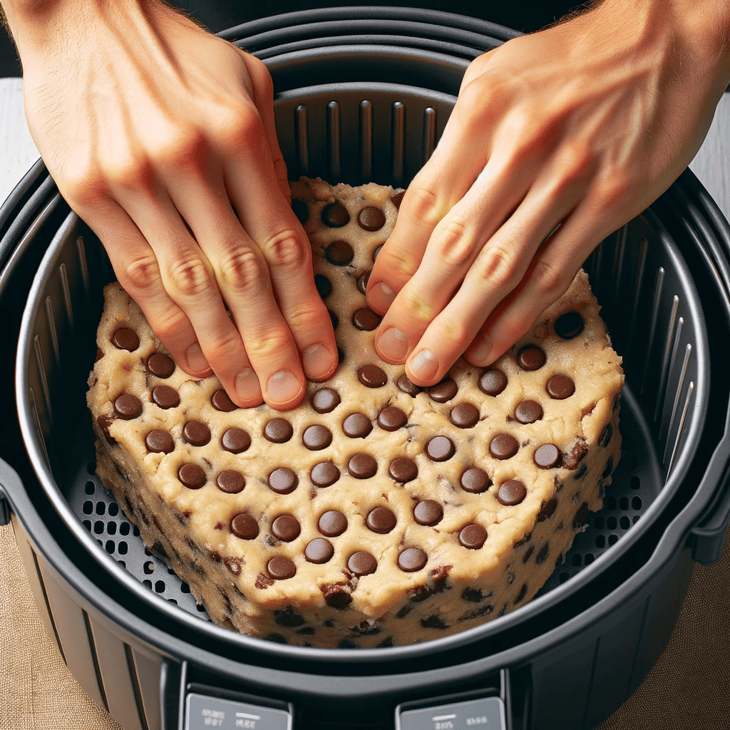 Hands pressing chocolate chip cookie dough into an air fryer basket, forming a ½-inch thick layer. The dough is textured and studded with chocolate chips, ready for baking in the air fryer.
