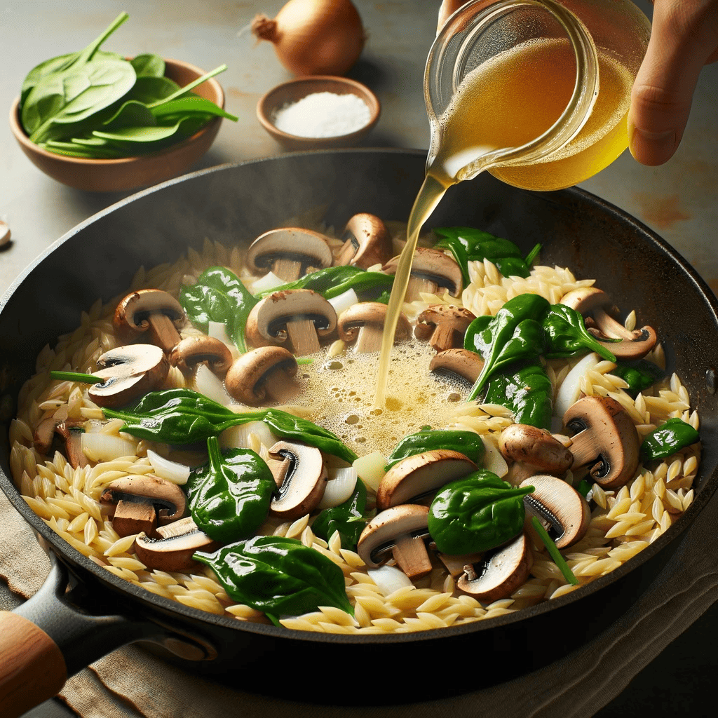 Vegetable broth being added to the skillet containing toasted orzo, mushrooms, onions, and garlic.