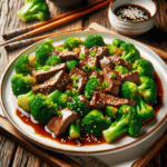 The image displays the completed "Sizzling Beef & Broccoli Delight." The dish features tender slices of beef and vibrant green broccoli florets, all coated in a glossy, savory sauce. It's garnished with sesame seeds and chopped green onions, elegantly served on a white plate against a rustic wooden table background.