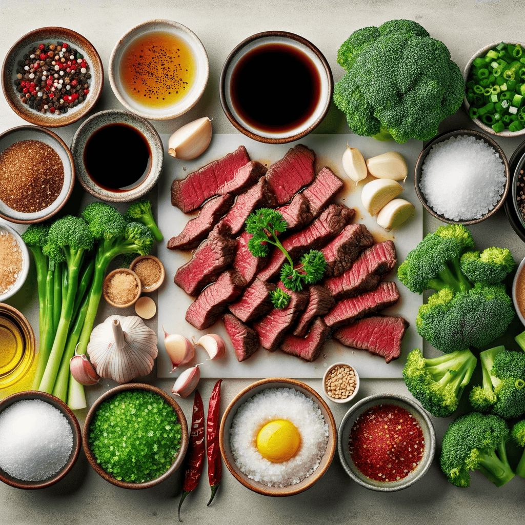 This image showcases all the ingredients required for the "Sizzling Beef & Broccoli Delight" neatly arranged on a kitchen counter. The ingredients include thinly sliced flank steak, broccoli florets, soy sauce, brown sugar, minced garlic, grated ginger, vegetable oil, cornstarch, beef broth, sesame oil, red pepper flakes, salt, pepper, sesame seeds, and chopped green onions, providing a visual guide to the recipe components.