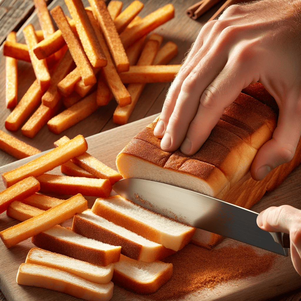A hand holding a knife actively slicing bread into 1-inch wide sticks, with some bread sticks already cut and lying beside the loaf.