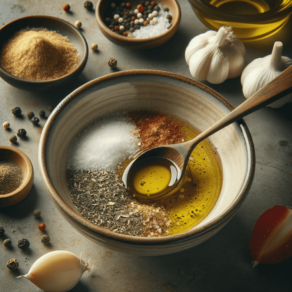 The scene shows the spice mix being prepared, combining olive oil, garlic powder, salt, and pepper in a bowl.