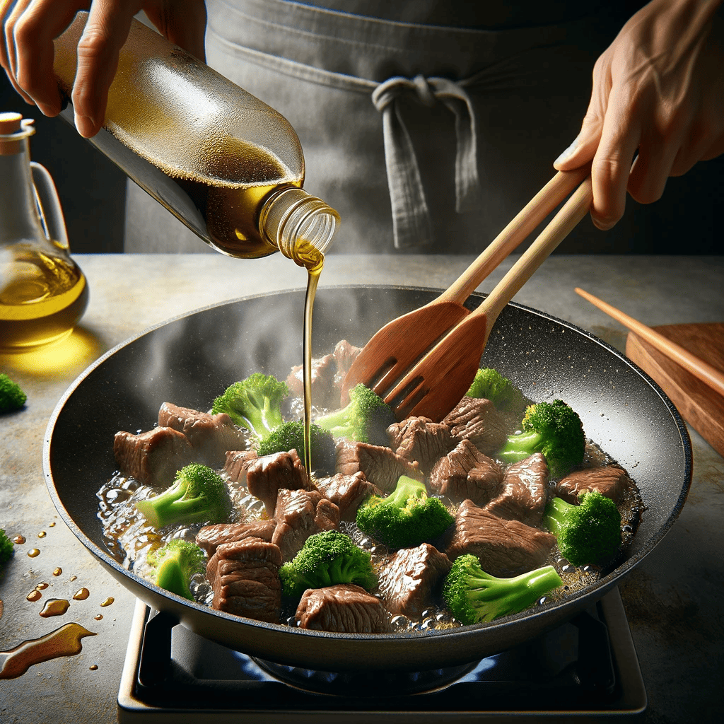 This picture showcases the stir-frying of beef. A skillet over high heat with vegetable oil sizzles as the marinated beef is added in a single layer, browning nicely. The scene captures the essence of stir-frying, highlighting the quick, high-heat method.