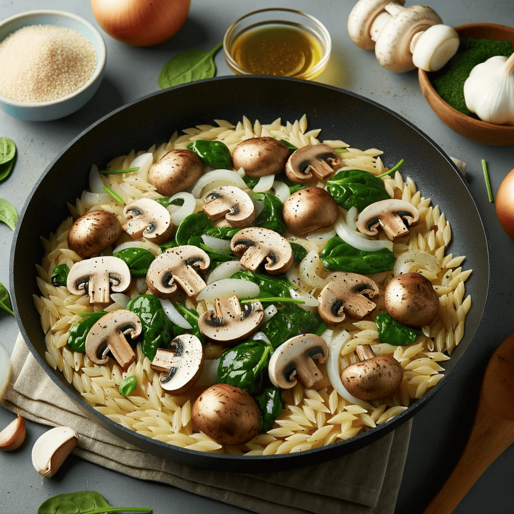 Orzo pasta being lightly toasted in a skillet with cooked mushrooms, onions, and garlic.